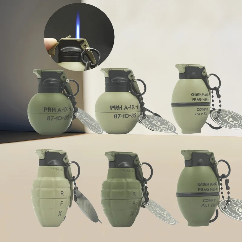 

New Metal Keychain Inflatable Lighter Portable Mini Windproof Simulation Military Hand Grenade Prop Model Lighter Men's Gift