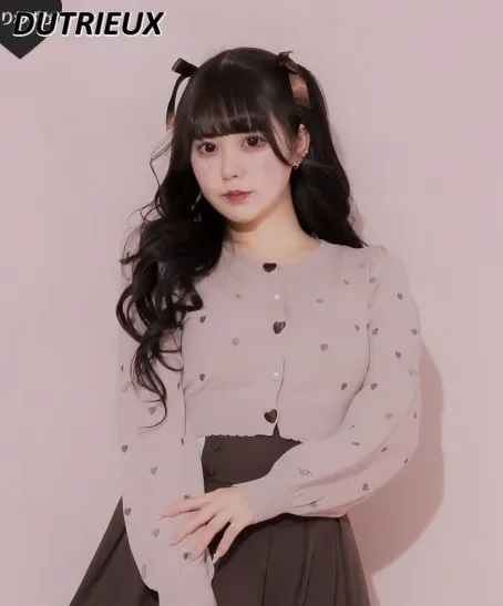 Japanese Style Mine Mass-Produced Women's Heart Embroidery Round Neck Short Sweater Coat Sweet Cute Buckle Knitted Cardigan