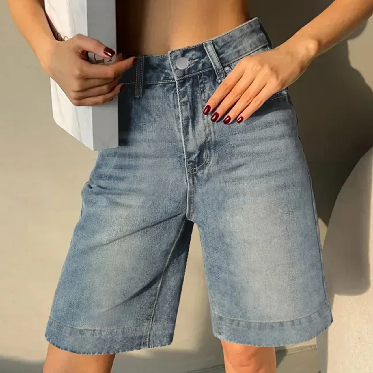Fashionable Retro Denim Wide Leg Short Pants Women's Loose Slim Straight Casual Mid-Length Summer New Style High Waist Jeans