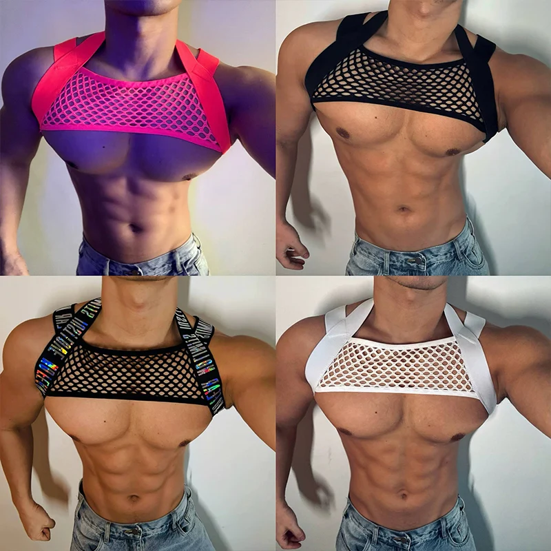 

Танцевальный костюм Gogo для мужчин, сетчатый жилет с нагрудным ремнем, ночной клуб, бар, сексуальная одежда, вечерние шоу, рейв-одежда, Muscle Man Pole Wear 4312