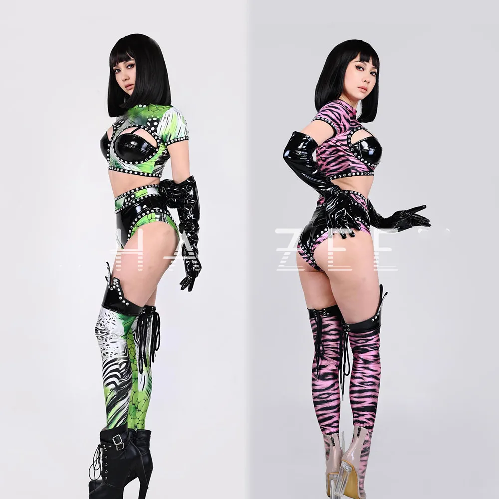Bikini con cristales de leopardo para mujer, guantes de cuero, cubierta para pierna, ropa de actuación, disfraz de Drag Queen, bailarina, equipo de Jazz, ropa de escenario