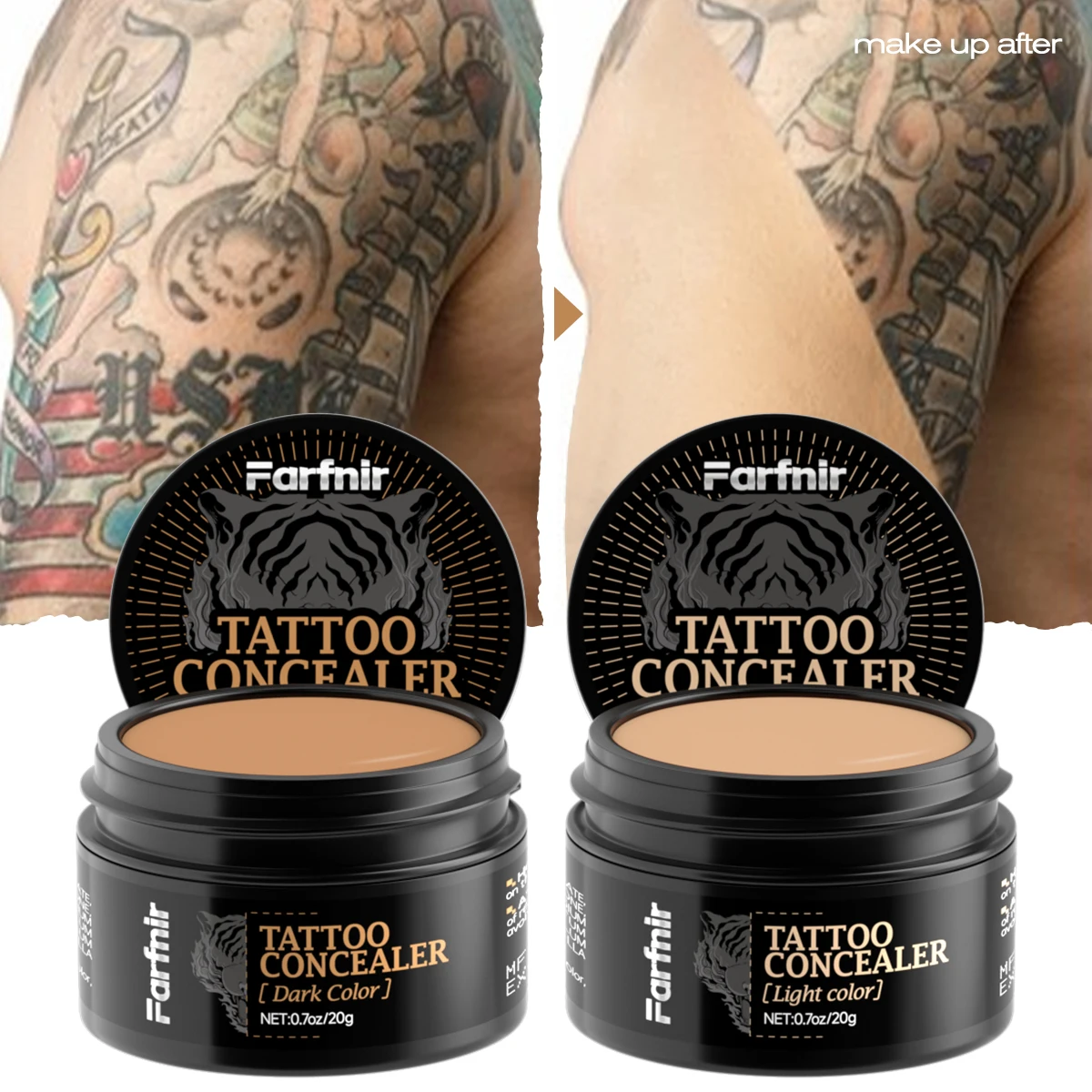 

Tattoo concealer, available in dark and light shades, suitable for all skin types, and non-sticky.