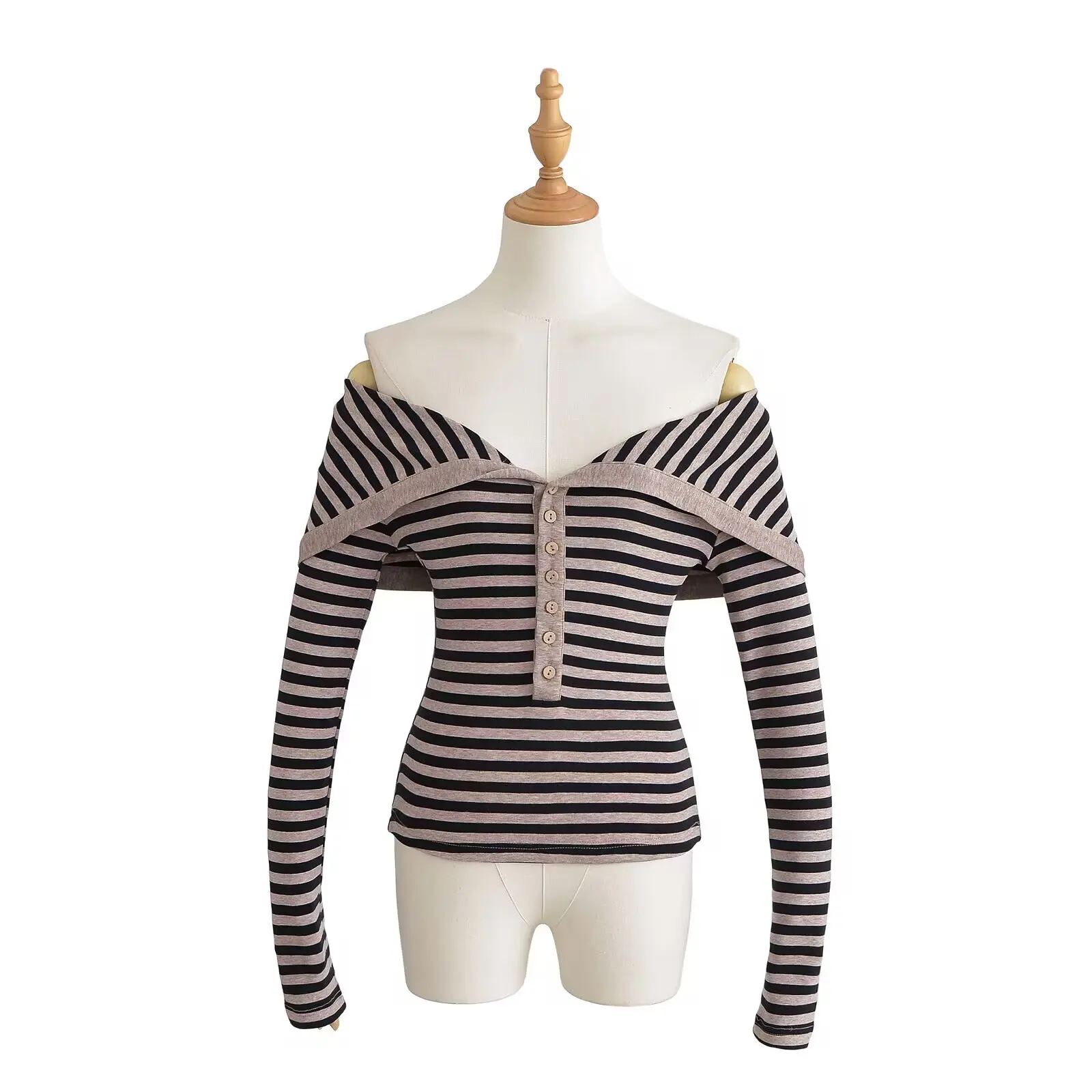 قميص نسائي بأكمام طويلة وتصميم مخطط ضيق، بياقة كبيرة وكتف واحد مع أزرار، أسلوب عصري وجذاب للشارع #3