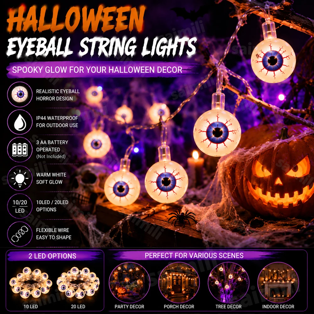 Scary Simulation Eyeball LED String Lights Battery Powered Spooky Atmosphere Light For Home Holiday Outdoor Garden Party Decor