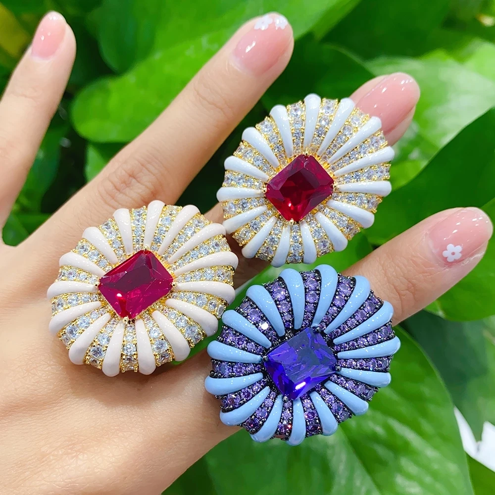 Missvikki Luxury Gorgeous Fingers Bold Big Flower Rings for Women Bridal Cubic Zircon Dubai Accessories Rings Beach Jewelry