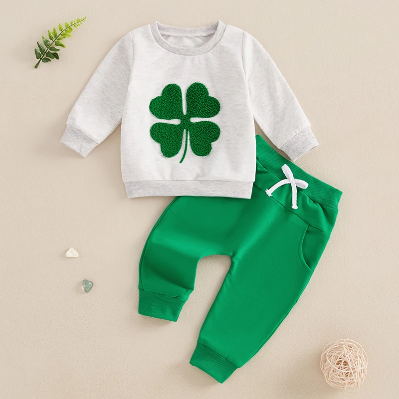 Baby Boy Girl Outfits Irish Clothes Kids Clover Embroidery Long Sleeve Pullover Sweatshirt Elastic Waist Pants 2Pieces Sets