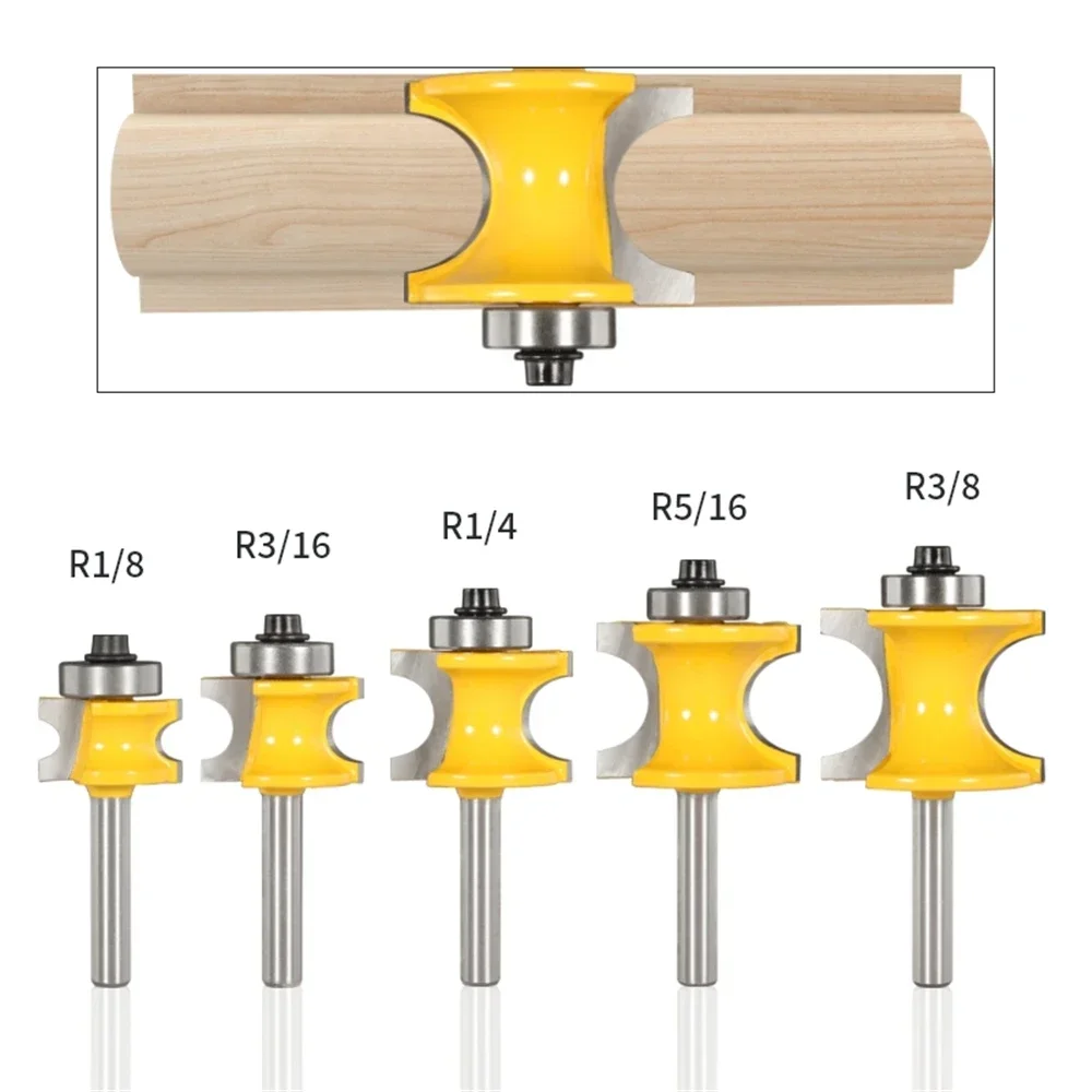 6mm 6.35mm 8mm 12mm 12.7mm Shank Bullnose Half Round Bit Set with Bearing, Woodworking Milling Cutter for Wood Bit Face Mill