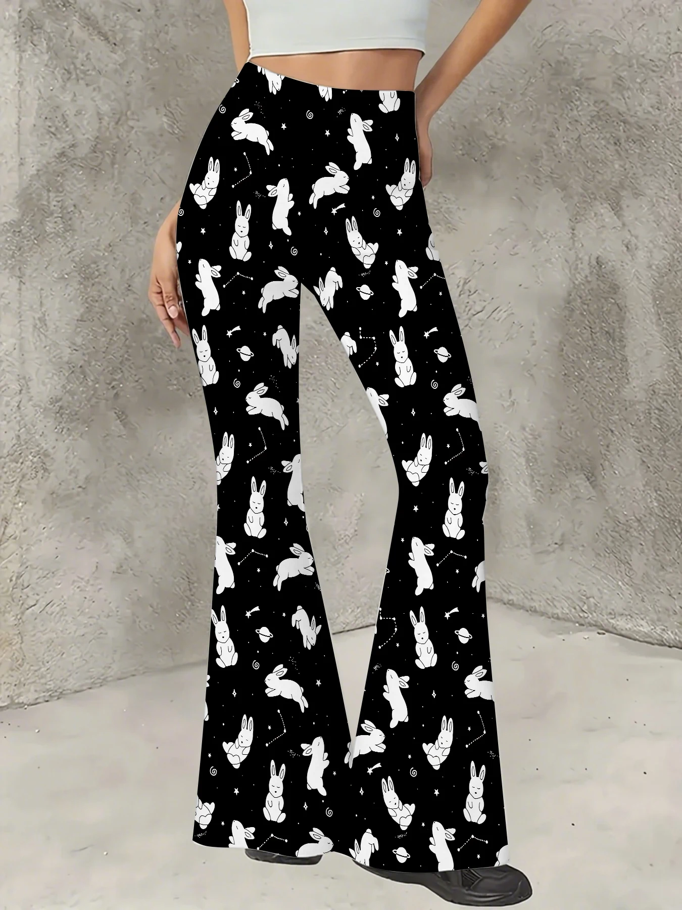 

Plus Size All-Over Print Flare Pants Women Stretchy High Waist Bell Bottom
