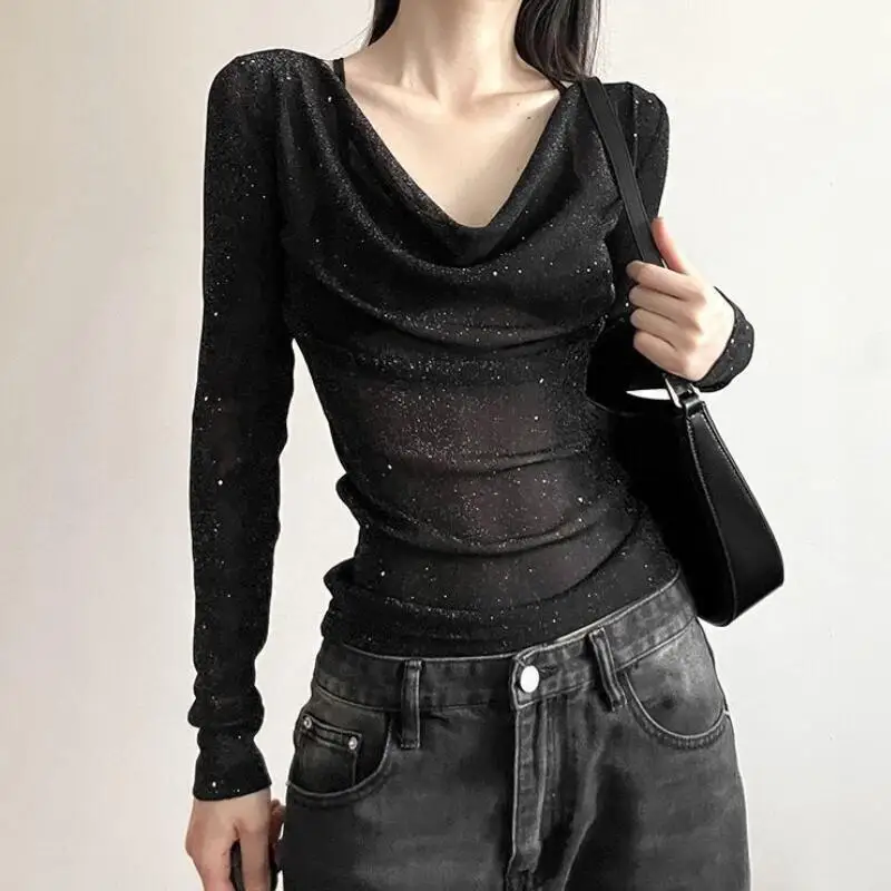 Y2K Women's Fashion Glitter Long Sleeve T-Shirt Spring New Style Spicy Girl Self Enhancement Trendy Tops Versatile Skin Friendly