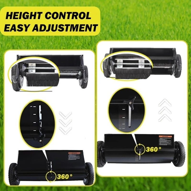 دفع مكنسة العشب 26 بوصة واسعة 7 أقدام مكعبة هوبر 4 فرش الغزل ارتفاع قابل للتعديل إطار فولاذي عجلات مطاطية للأوراق #4