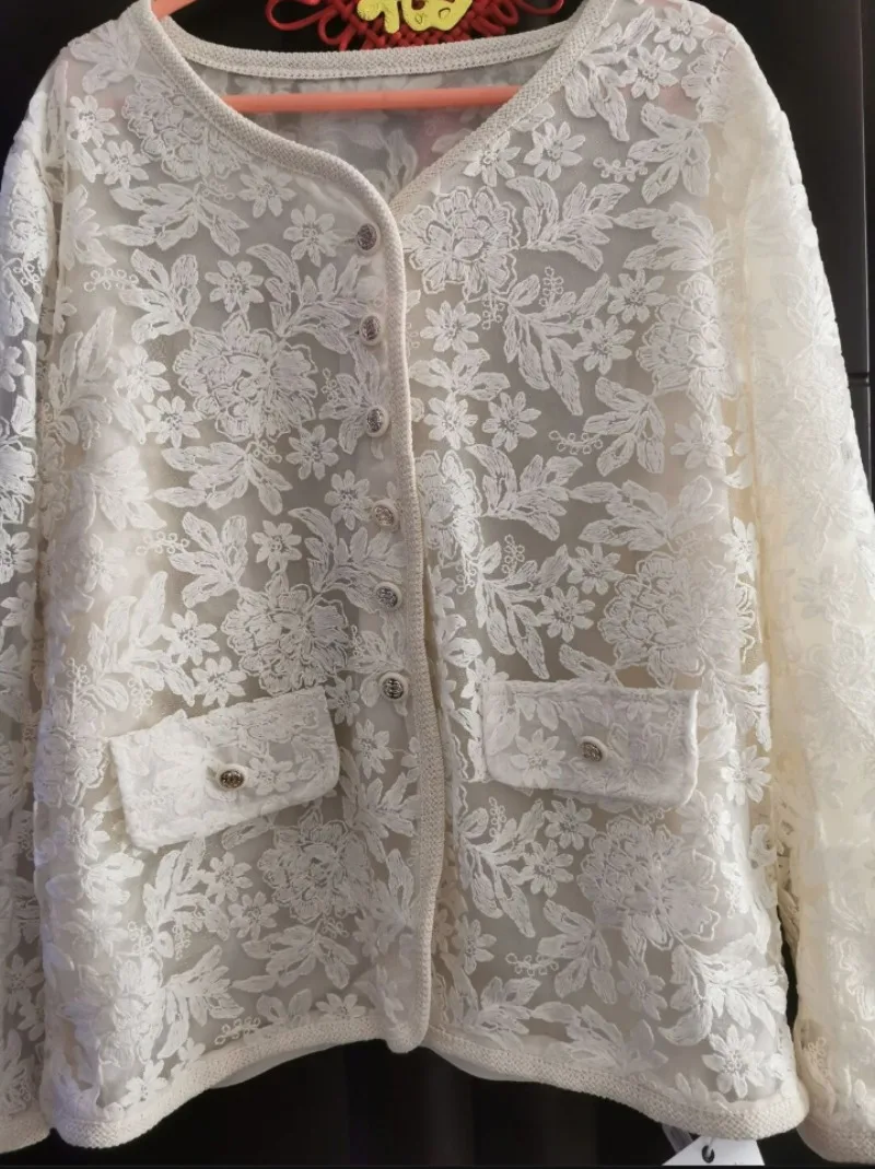 

Новинка 2023 года, осенняя куртка с длинными рукавами, женская мода, воротник-стойка, ветровое ажурное кружевное пальто, женские топы, женская одежда