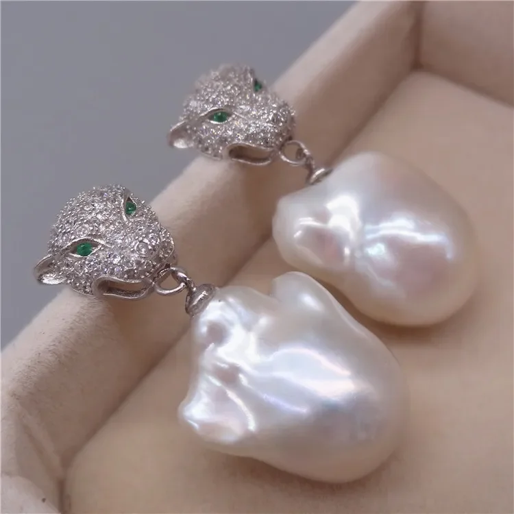 

12-15MM Genuine Natural White Baroque Reborn Keshi pearl Leopard earring