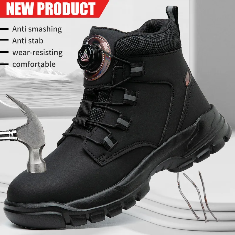 Non Tied Twisted Buckle Safety Shoes High Top Boots Anti Smashing Anti Piercing Ultra Light Eva Outsole Men's Safety Shoes