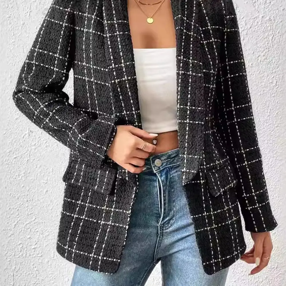 Damesblazers Herfst Winter Comfortabel Chic 2025, elegant, stijlvol, geruit, lange mouwen, omgeslagen kraag, casual vesten