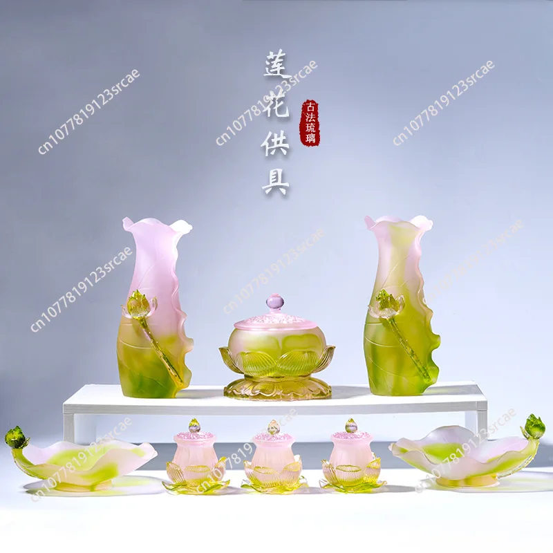 Buddhist Supplies Set Glazed Lotus Vase Incense Burner Offering Cup Buddha Worship Decor