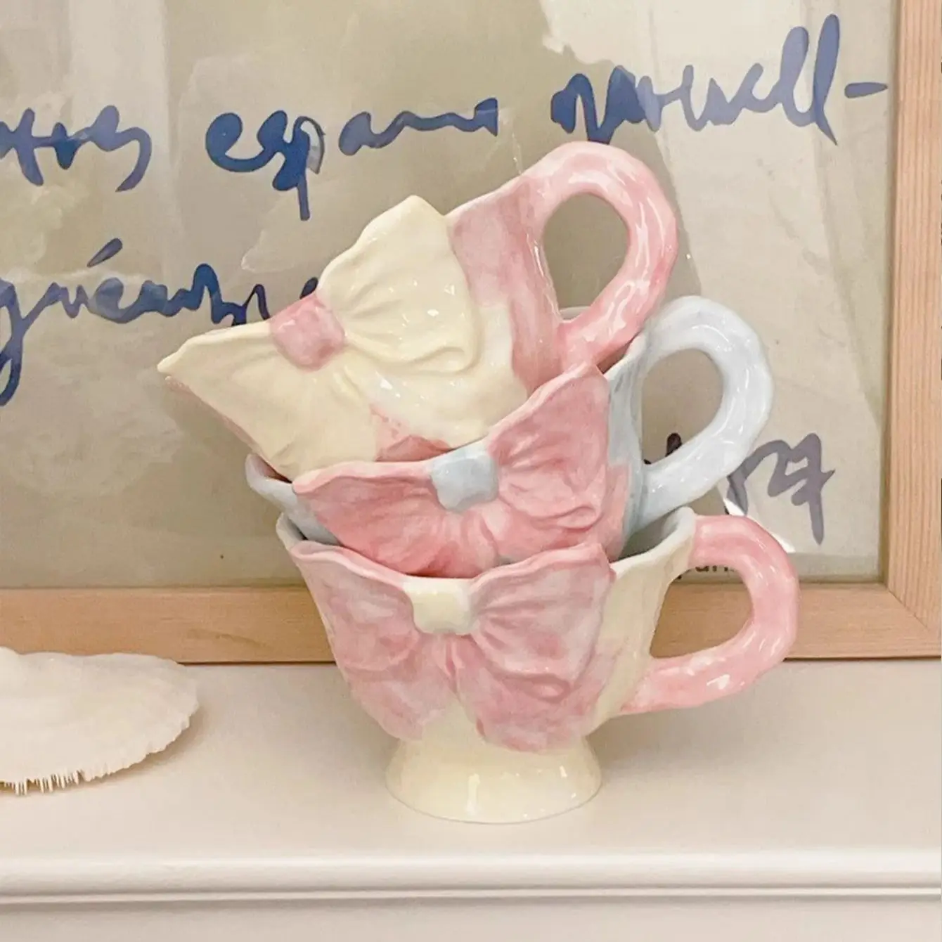 Taza de café de cerámica con lazo pintado a mano, taza de mango plano prensado a mano, adecuada para cafetería Latte, taza de café molida a mano, taza de leche de oficina, taza para beber, regalo de vacaciones, taza de arte Latte, decoración navideña, 1 ud.