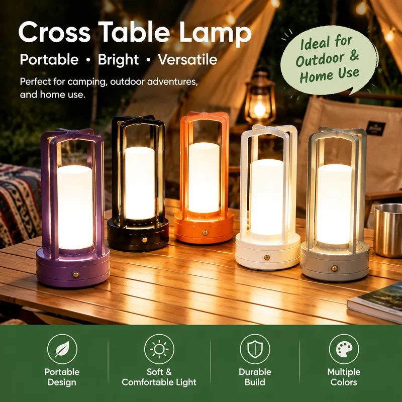 LED Cross Table Lamp, Minimal ABS Rechargeable Night Light, Touch Dimming, Travel Camping Bedroom Bedside Decor, Modern Lighting
