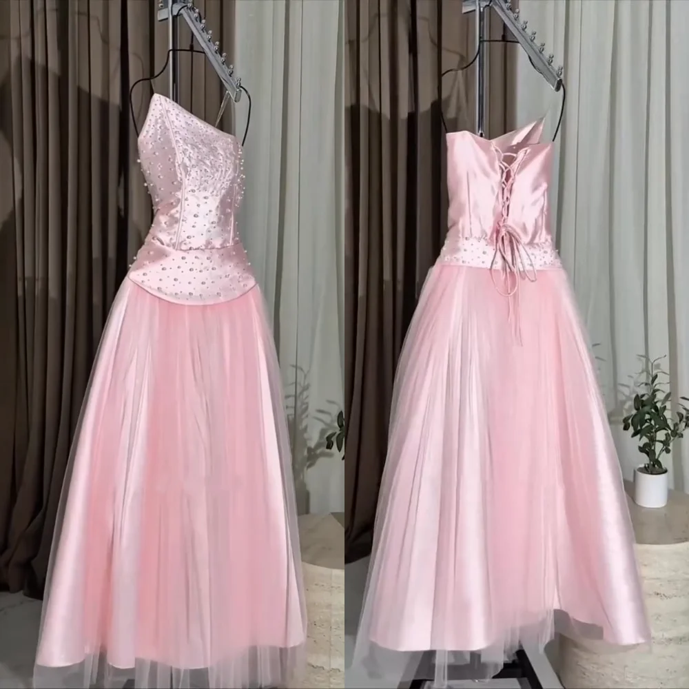 

Customized Charmeuse Beading Strapless Lace-up A-line Midi Dresses Bespoke Occasion Woman Elegant Party Wedding Formal Evening