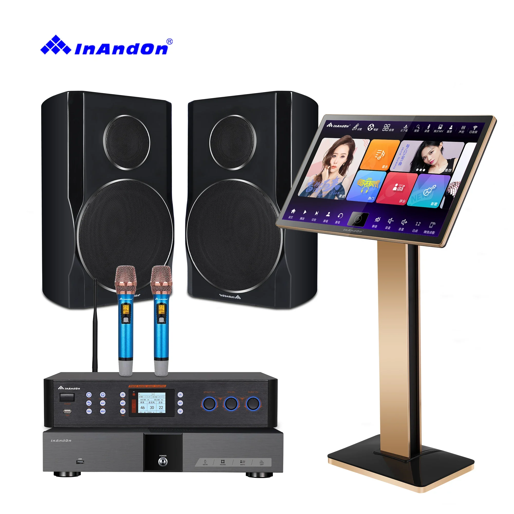 

InAndOn Bundle 8 Inch Speaker 21.5 Inch Touch Screen 4TB Karaoke Machine V5 Max System Home Party Karaoke Player