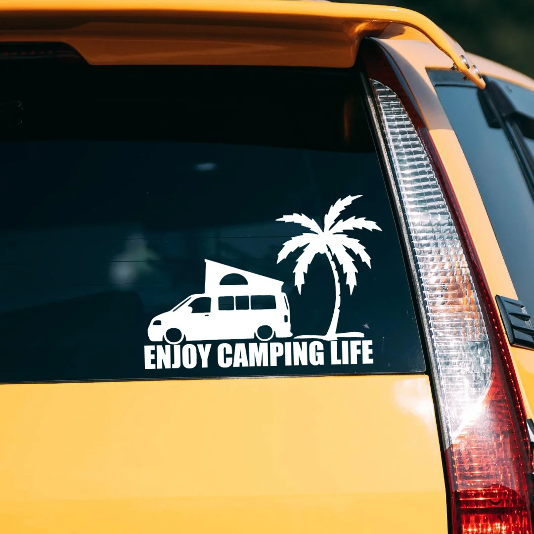 Enjoy camping life Palm Tree Car Sticker, Decorative Car Stickers, Vinyl Adhesive Window Stickers, Car Windshield Appliques
