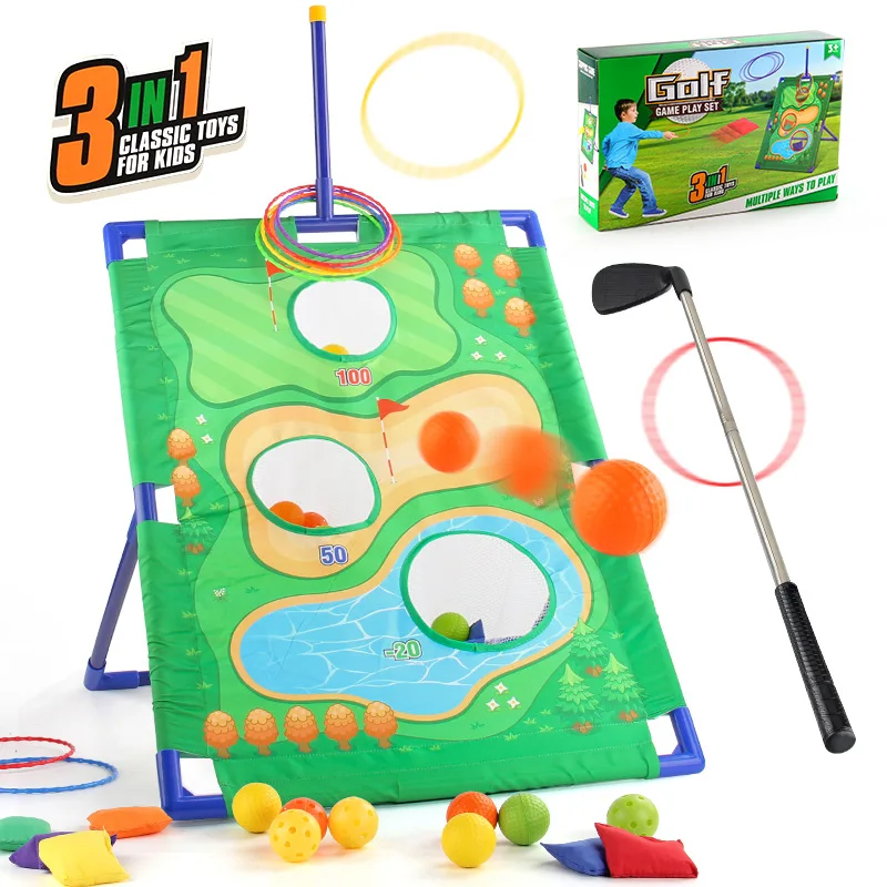 

3in1 Children Golf Games Set Multiple Modes Golf Putting Practice Mat Throwing Game Outdoor Indoor Toss Bag Kids Competition Toy