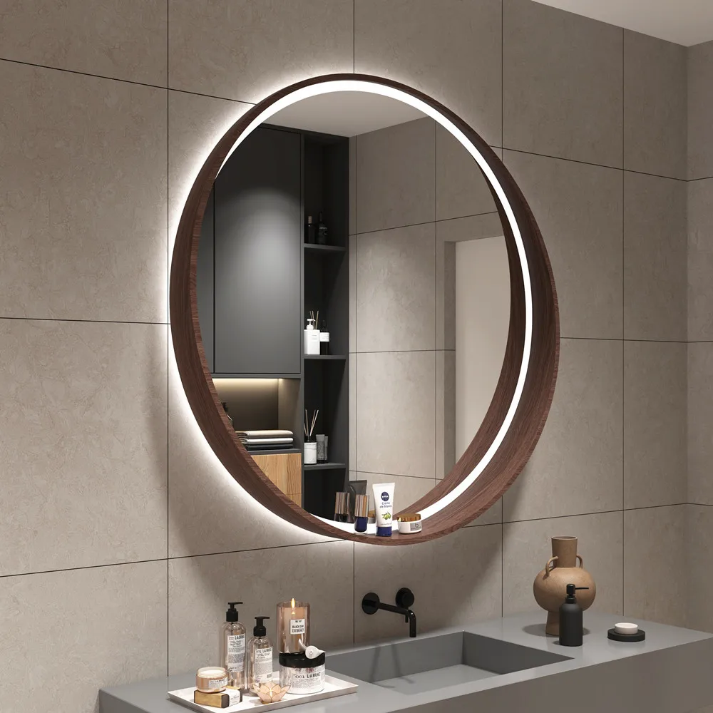 

Smart defogging bathroom mirror retro solid wood round bathroom wall-mounted bathroom washbasin dressing mirror with light
