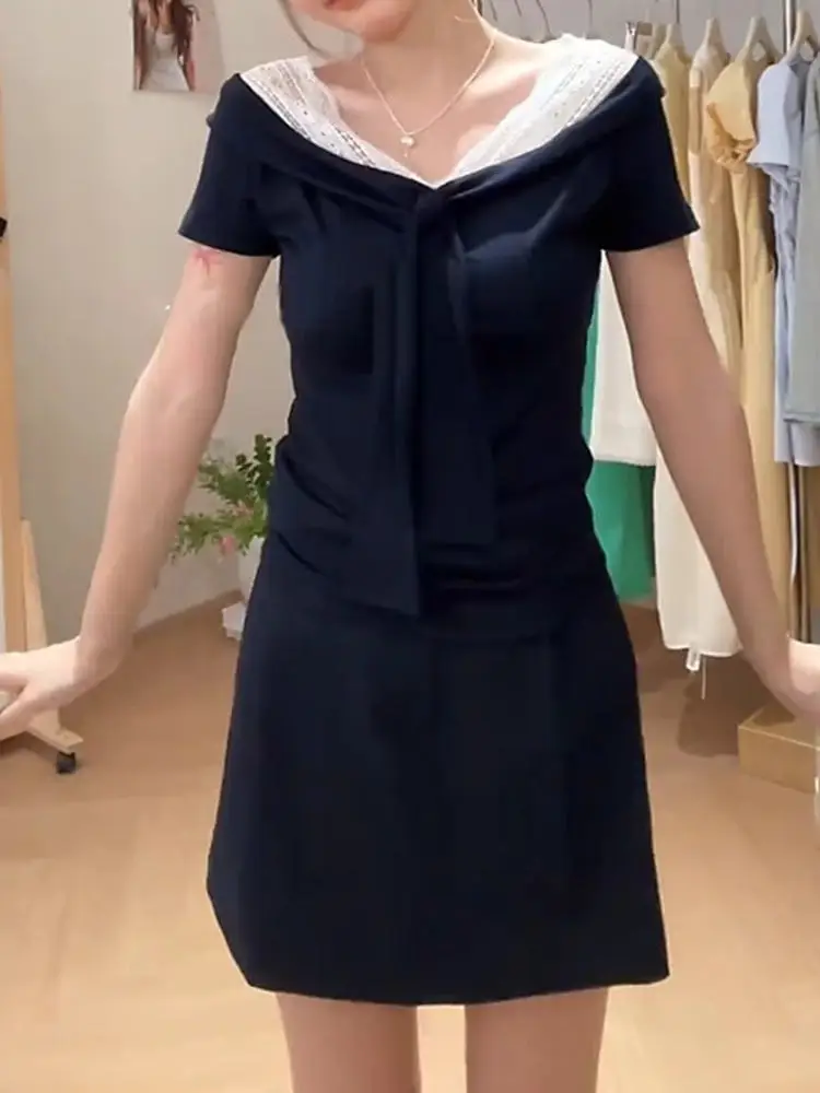 Koreańska koronkowa bluzka z dekoltem w serek, łączona z T-shirtem, damska, letnia, wyszczuplająca, modna, do pracy, jednolita, z węzłem.