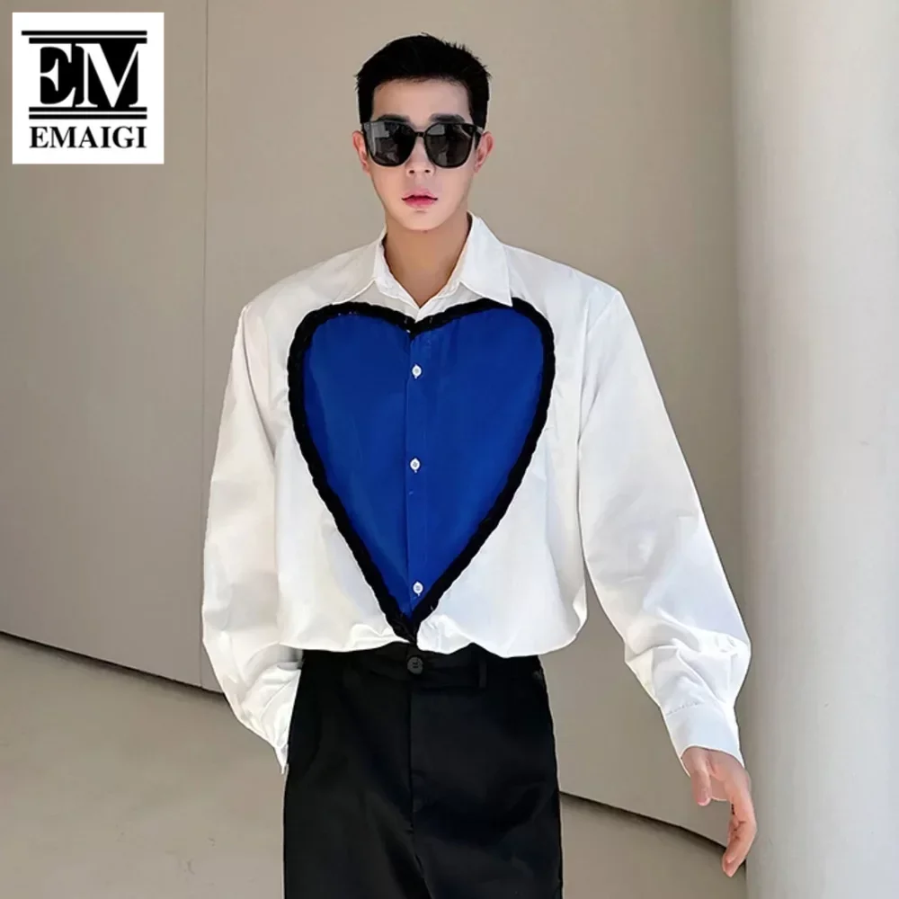 Men Blue Heart Loose Casual Long Sleeve Korean Streetwear Fashion Show Shirts Party Dress Blouse Man Performance Clothes