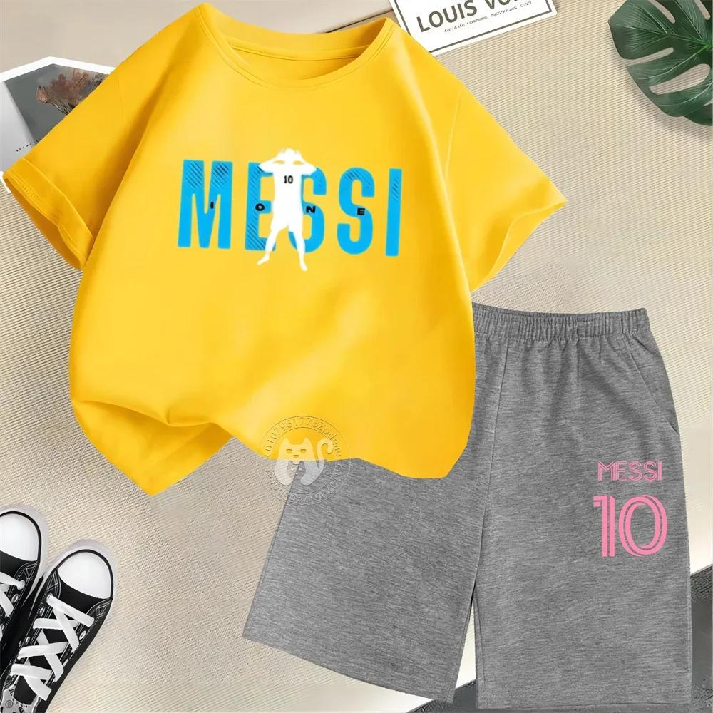 Creative Messi Letter Print Summer 100% Cotton T-shirt + Shorts Cartoon Fun Fashion Street Boys Girls casual comfort kids wear