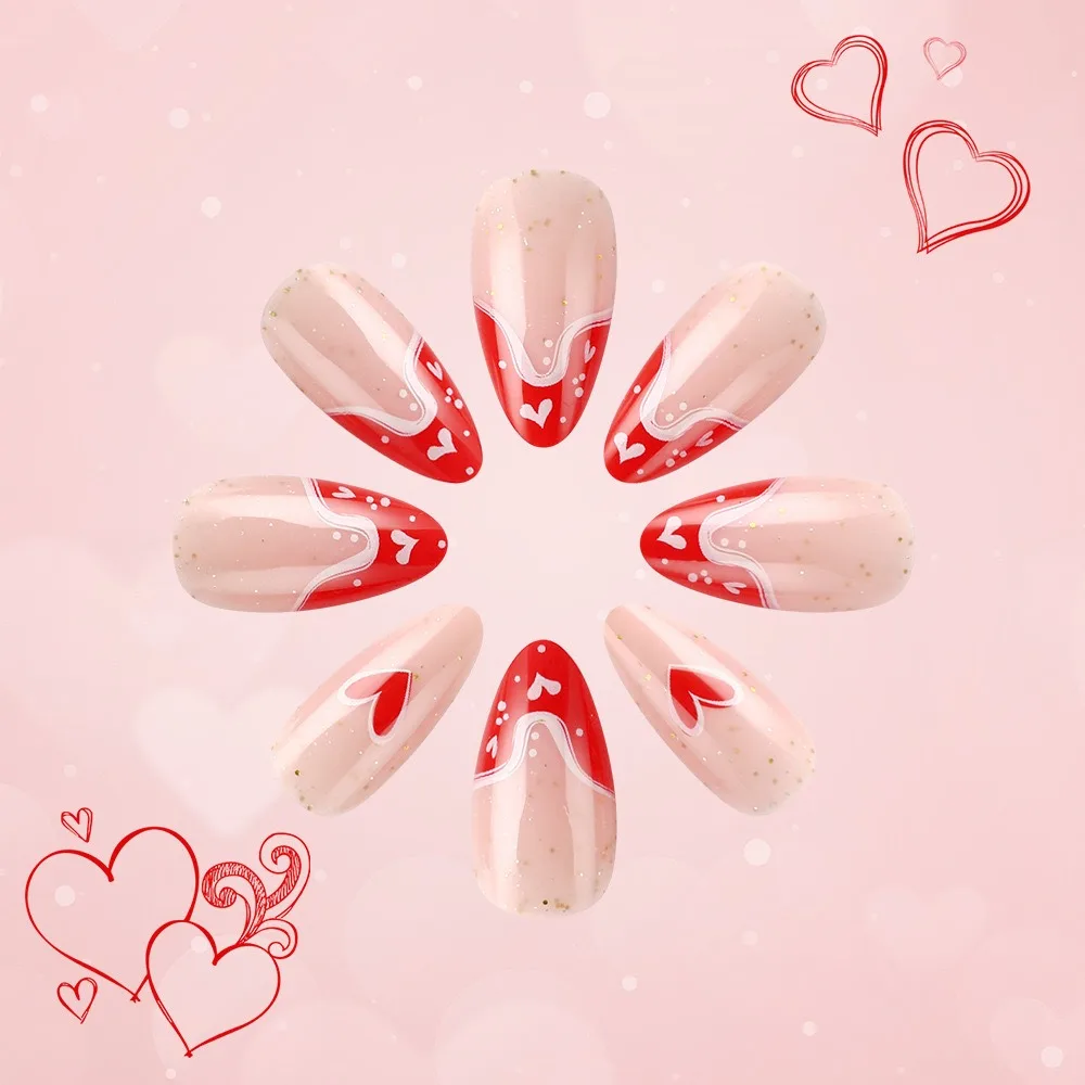 24pcs French Tip Press On Nails Nude Pink With White Heart & Glitter Long Almond Fake Nails Reusable False Nail Tips For Dating view 6