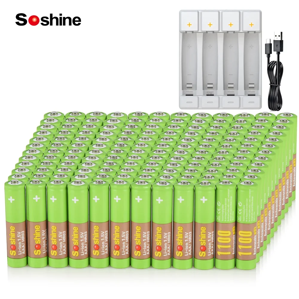 Soshine 144pc AAA 1100mWh Lithium Rechargeable Battery 1.5V 1100mWh Batteries Li-ion AA AAA Smart Rechargeable Batteries Charger