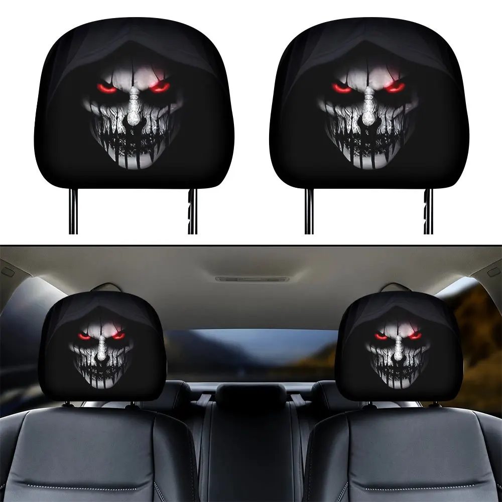 Auto-Kopfstützenbezüge mit dunklem Totenkopf-Grim Reaper-Muster, 2 Stück, universell, waschbar, elastisch, weicher Stoff, Kopfstützenschutz, cool