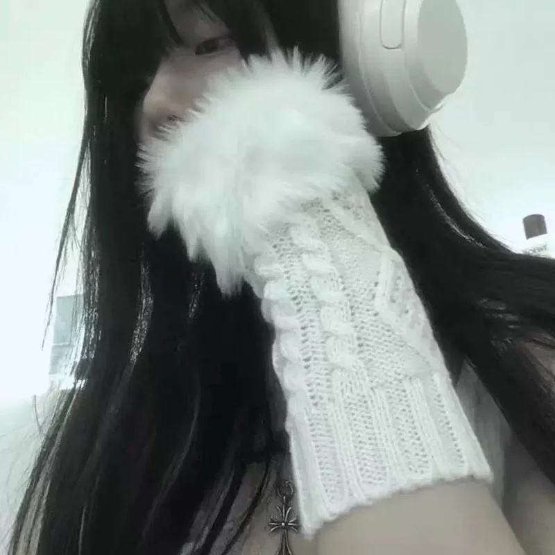 

Fashion Crochet Plush Splicing Half Finger Gloves Y2K Faux Fur Gloves Women Winter Thicken Knitted Fingerless Wrist Hand Warmer