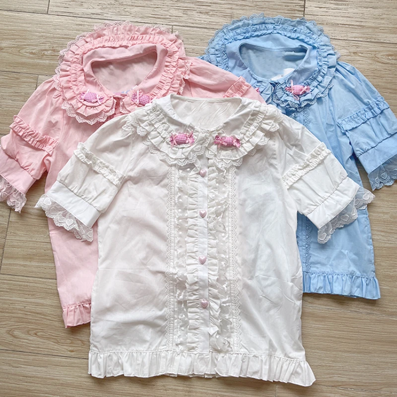 Japanese Lolita Style Blouse Women Kawaii Peter Pan Collar White Pink Blue Candy Blusas Girls Summer Lace Puff Sleeve Shirts Top