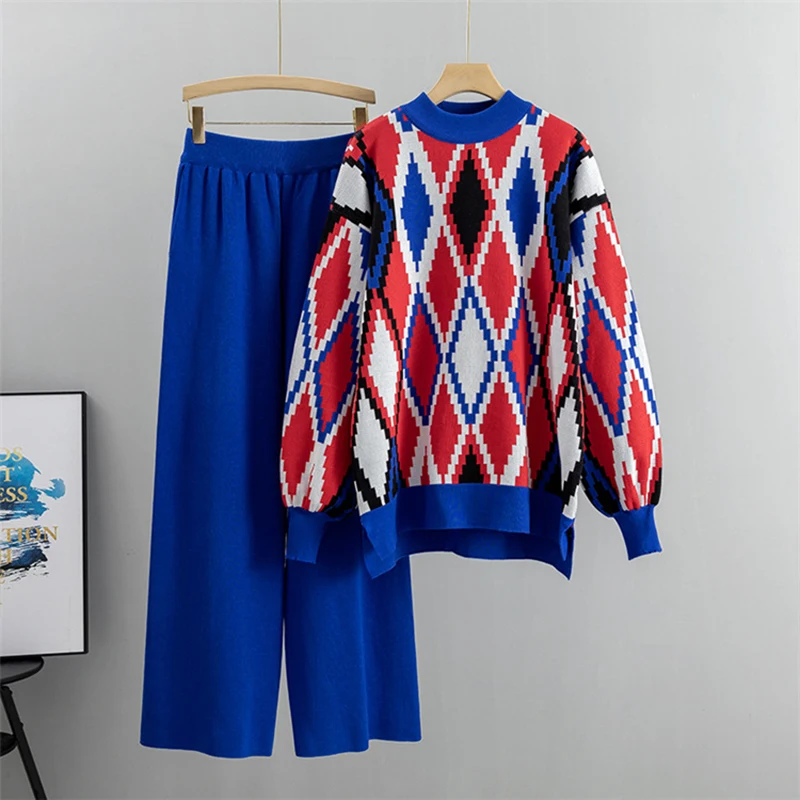 Printing Thick Warm O-neck Argyle Pullover Sweater Wide Leg Pants Autumn Winter Two Piece Set Womens Streetwear Loose Pants Sets