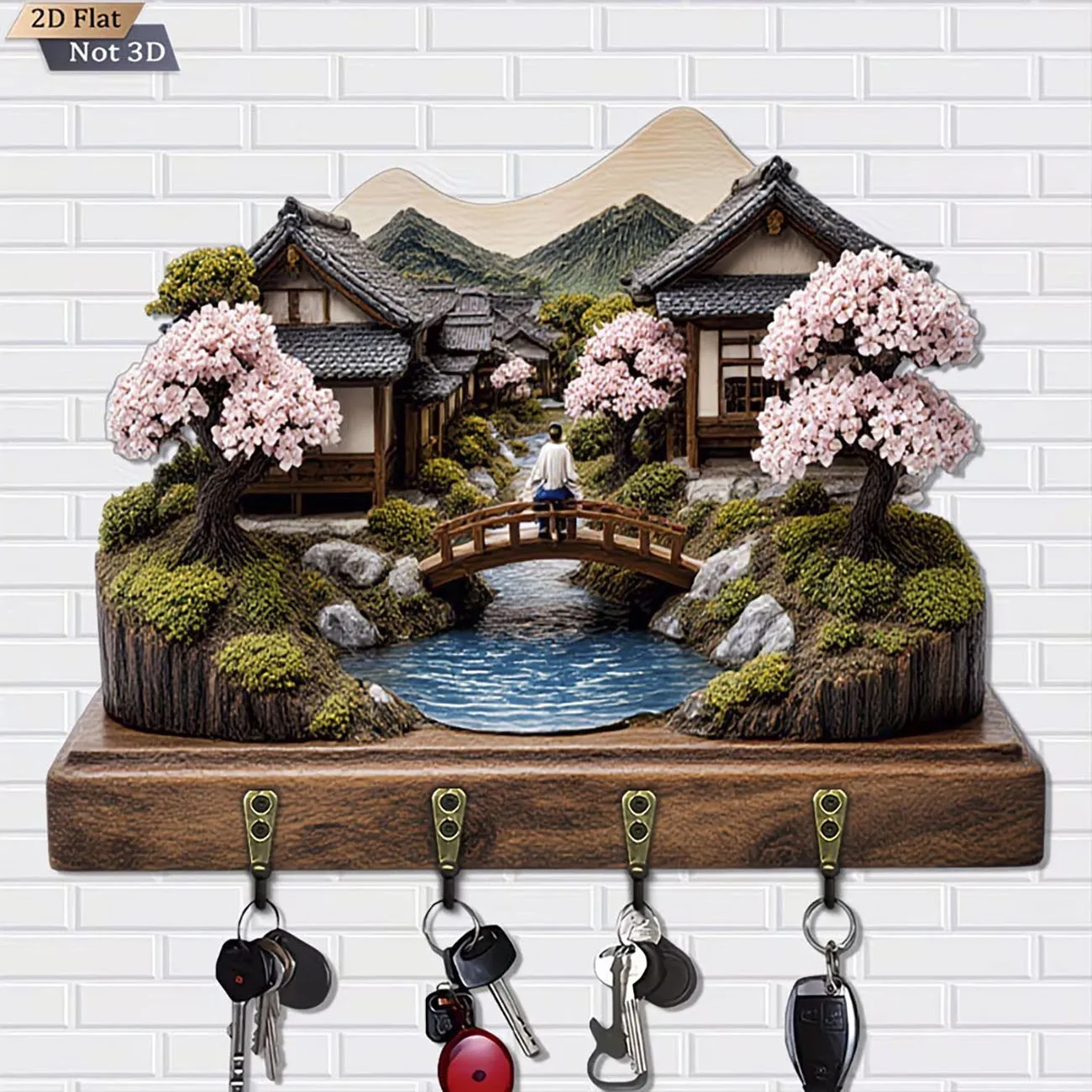Porte-clés Village des cerisiers japonais, support mural à impression plate 2D avec 4 crochets, décoration zen pour la maison