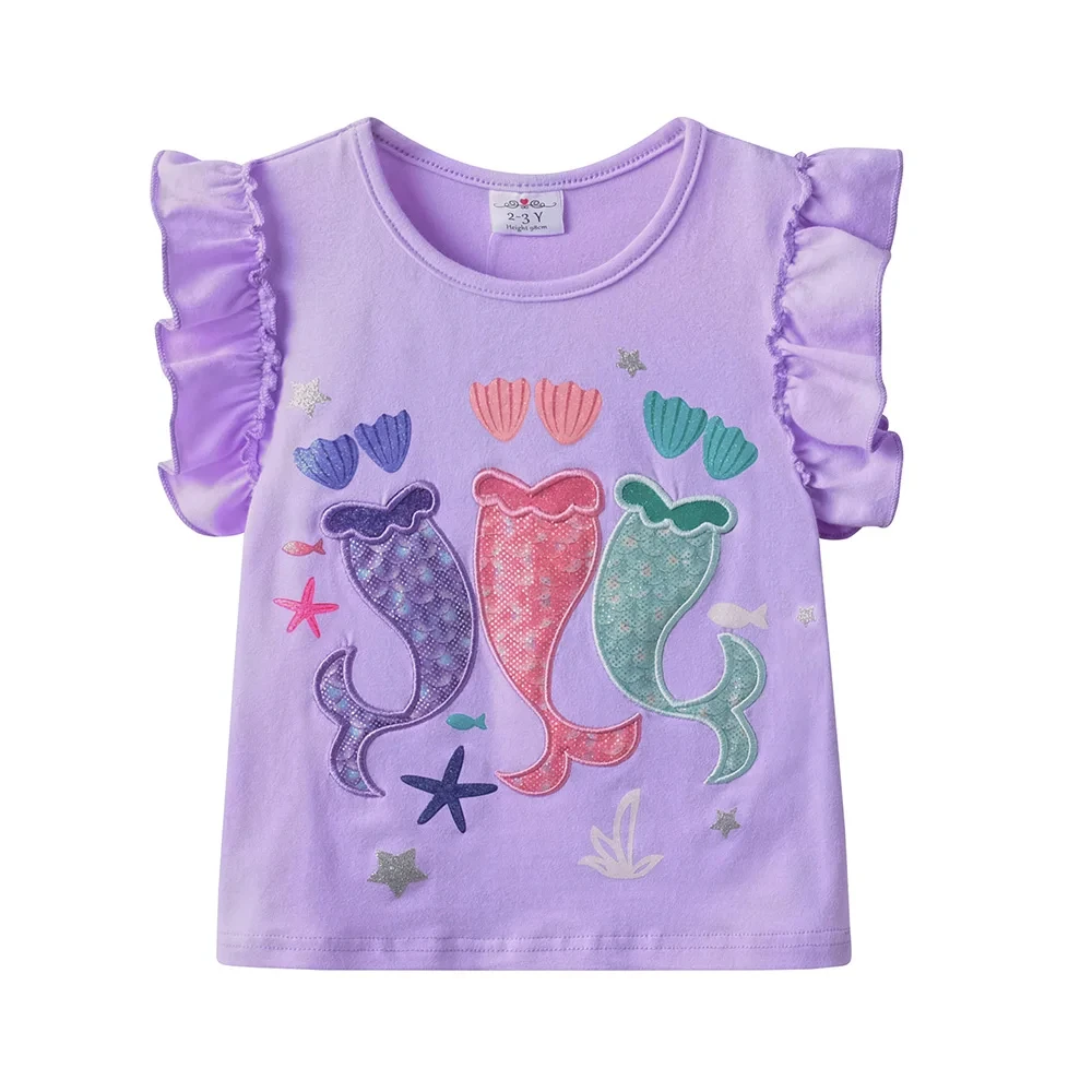 Kids Mermaid Tail Embroidery Outfits Set Purple Ruffle Sleeve Tops and Sparkly Tulle Skirt 2 Pcs Clothes Sets Girls Summer Suit