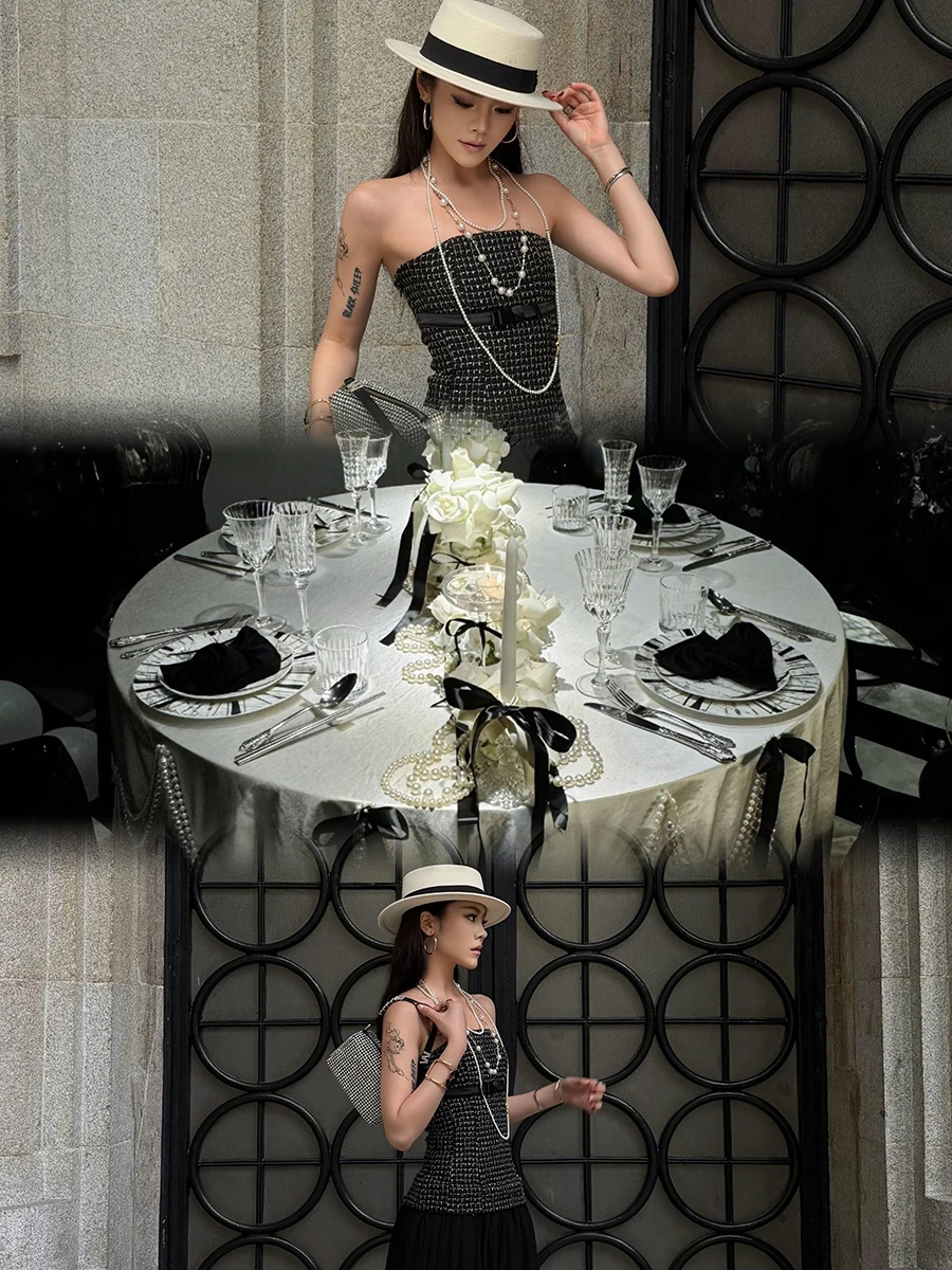 REDDACHiC Czarna Sukienka Balowa z Kokardą, Damska, Brokatowa, Tweedowa, Szyfonowa, Bandeau, Plisowana, Maxi, Długa Sukienka Elegancka Wieczorowa Formalna