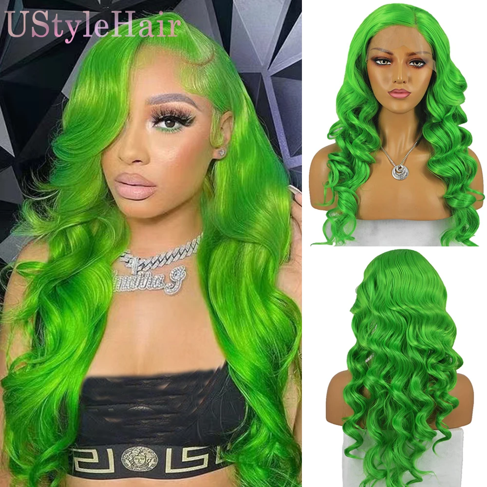 UStyleHair Wig merah muda Wig gelombang tubuh panjang untuk wanita Wig renda depan sintetis rambut alami penggunaan sehari-hari Wig Cosplay rambut renda merah muda