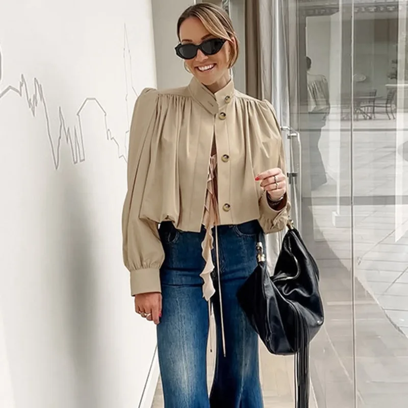 Talenza Women Autumn Shirt Jacket New Pleated Patchwork Loose Puff Sleeve Jackets Casual Streetwear Fashion Solid Female Coats