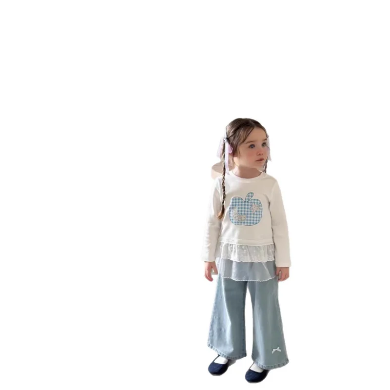 

Girls Suit2025Autumn New Mesh Cute Cartoon Patch Long Sleeve Solid Color Straight Jeans Trendy