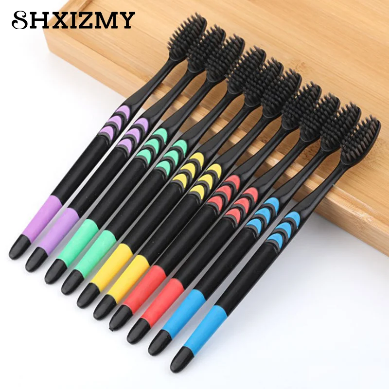 10 Pieces Bamboo Toothbrush Soft Tooth Brush Charcoal Adults Toothbrushes