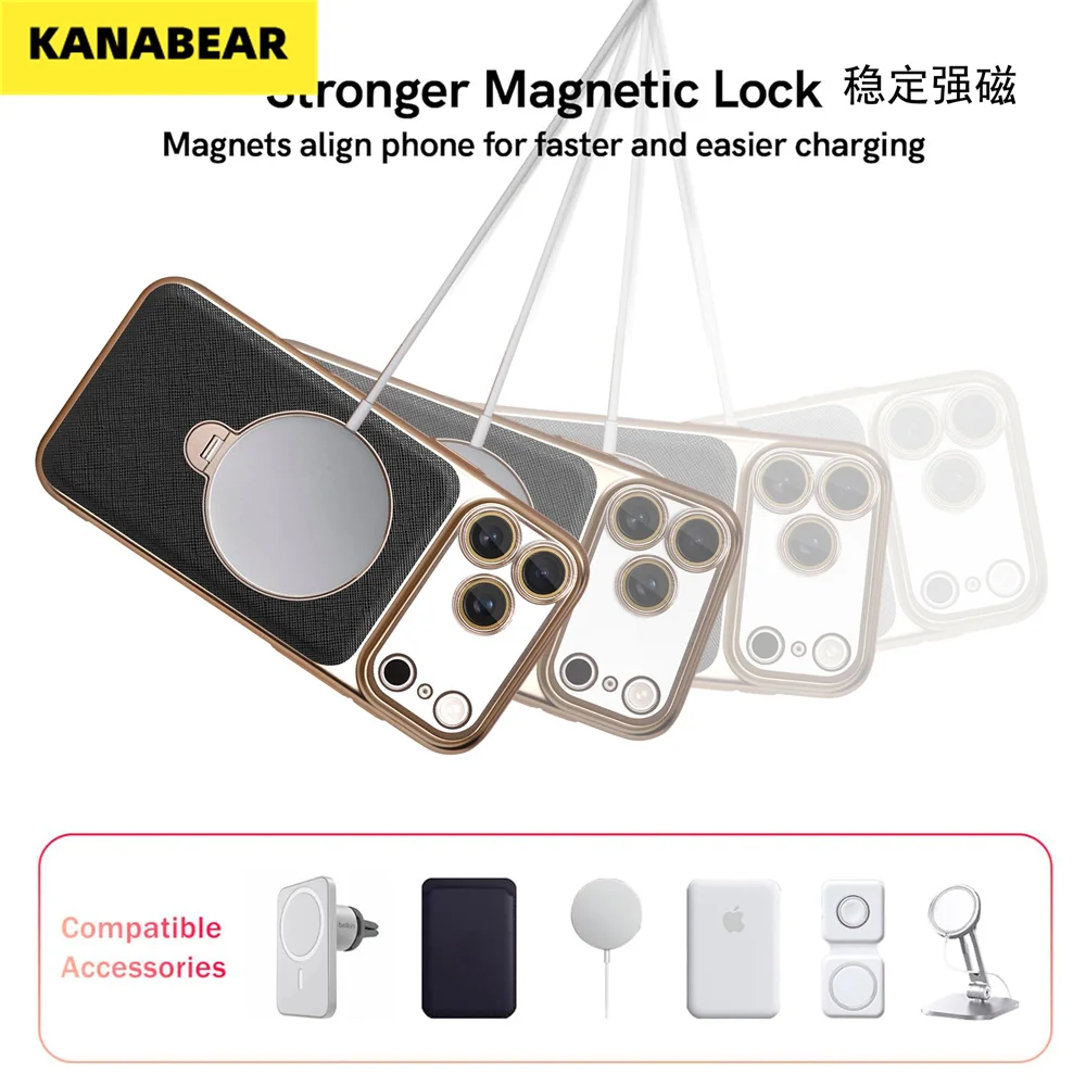 

Magnetic Rotating Stand Case For iPhone 17PM/16/15 Plated Matte Gold Shield Texture Leather Pattern Shockproof Slim Cover