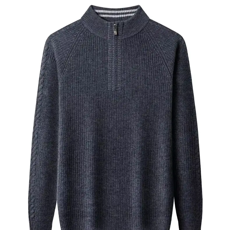 100% pure cashmere sweater semi-high neck zipper men's padded warm twisted pattern casual knitted sweater