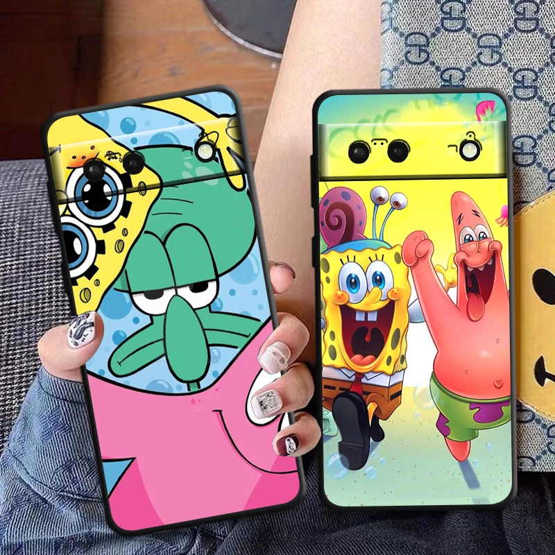 Cartoon SpongeBob SquarePants for Google Pixel 8 7 6 Pro 6a 5 5a 4 4a XL Pro 4G 5G Silicone Soft TPU Black Phone Case Cover