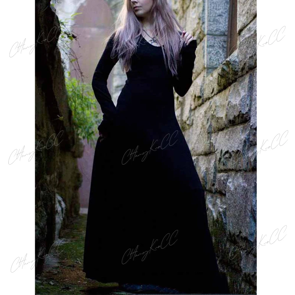 Victorian Black Witch Dress Gothich Medieval Frock Edwardian Costume Long Sleeve Solid Renaissance Palace Vampire Halloween Robe