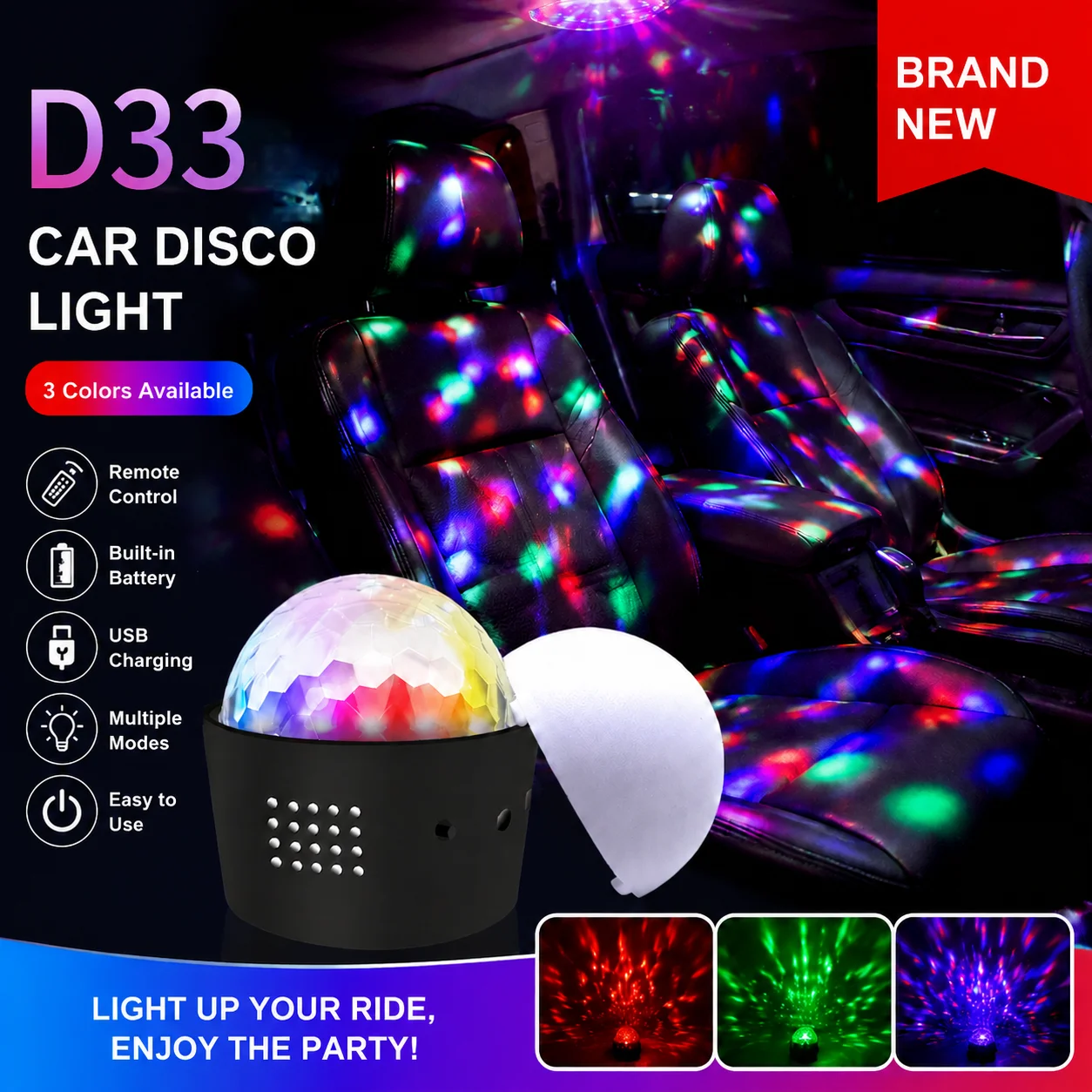 Car Portable DJ Light, LED Mini Magic Ball Stage Light, Crystal Atmosphere Lamp with USB Sound Control & RGB Colors