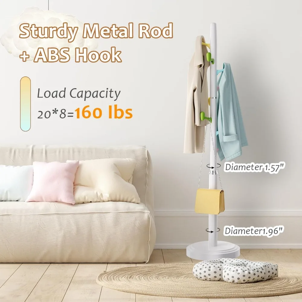 ราวแขวนเสื้อแบบตั้งพื้น ปรับความสูงได้ พร้อมตะขอ ABS 8 อัน ราวแขวนเสื้อเด็กบนฐานกลมที่มั่นคง ขนาดกลาง