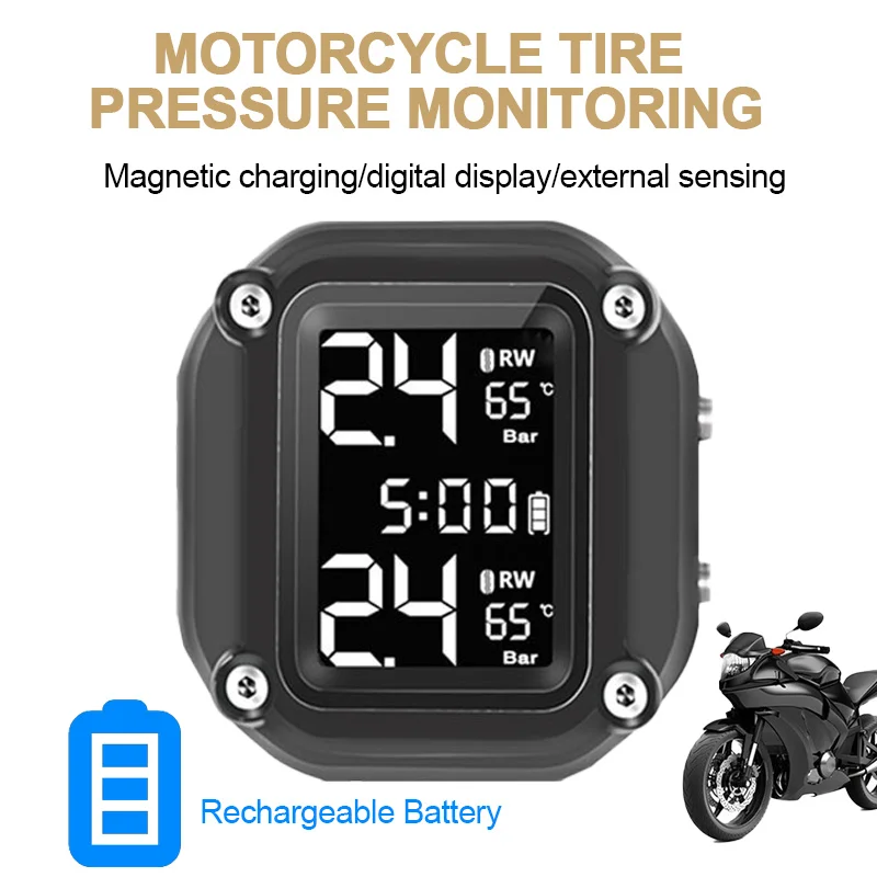 Motorcycle TPMS Tire Pressure Monitoring System 2 External Sensors Rechargeable LCD Display Motorbike Tyre Temperature Alarm