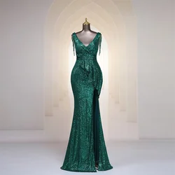 Green Sequins Beads Tassel Evening Dresses Side Split Mermaid Long Vestidos De Fiesta Robe De Soiree De Mariage Prom Dresses